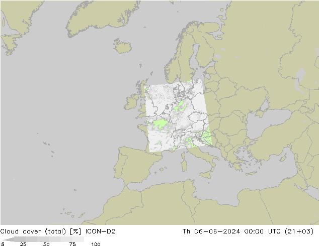 Cloud cover (total) ICON-D2 Th 06.06.2024 00 UTC