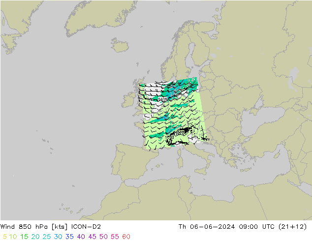 Wind 850 hPa ICON-D2 Th 06.06.2024 09 UTC