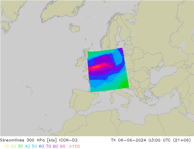 Linea di flusso 300 hPa ICON-D2 gio 06.06.2024 03 UTC