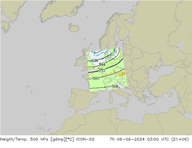 Height/Temp. 500 hPa ICON-D2 czw. 06.06.2024 03 UTC