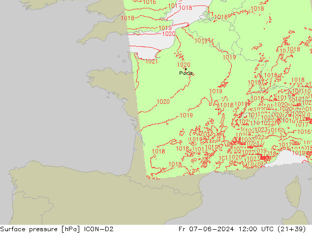 Pressione al suolo ICON-D2 ven 07.06.2024 12 UTC