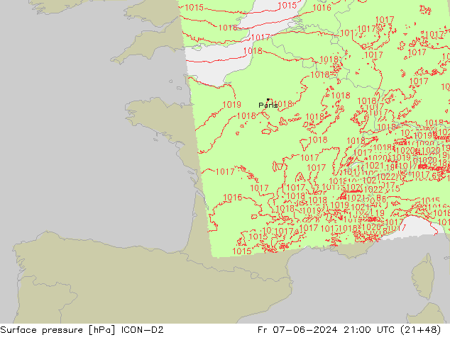 Surface pressure ICON-D2 Fr 07.06.2024 21 UTC