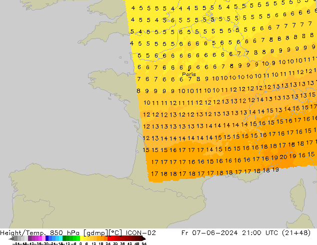 Height/Temp. 850 hPa ICON-D2 Sex 07.06.2024 21 UTC