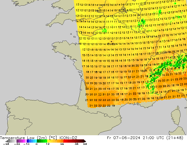 Temp. minima (2m) ICON-D2 ven 07.06.2024 21 UTC