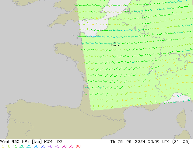 ветер 850 гПа ICON-D2 чт 06.06.2024 00 UTC