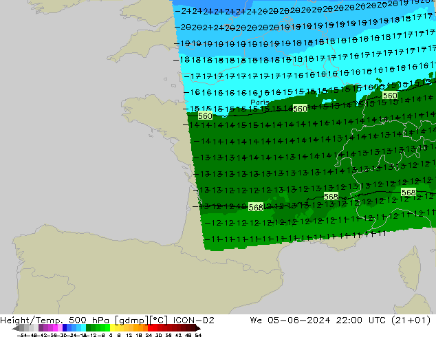 Height/Temp. 500 hPa ICON-D2 Mi 05.06.2024 22 UTC