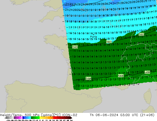 Height/Temp. 500 hPa ICON-D2 Th 06.06.2024 03 UTC