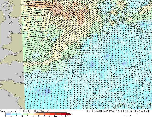 Wind 10 m (bft) ICON-D2 vr 07.06.2024 15 UTC