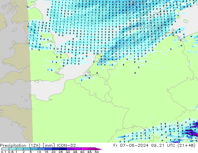 Precipitation (12h) ICON-D2 Fr 07.06.2024 21 UTC
