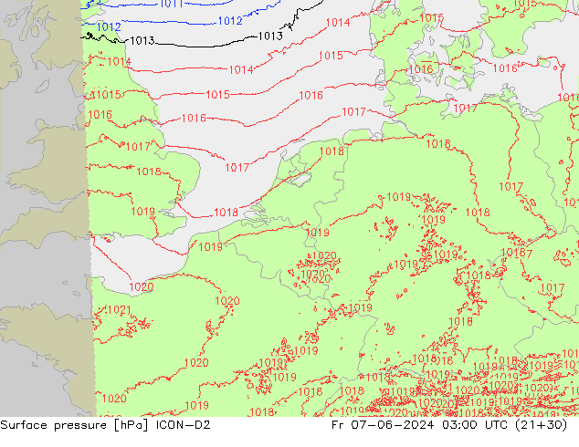 Atmosférický tlak ICON-D2 Pá 07.06.2024 03 UTC