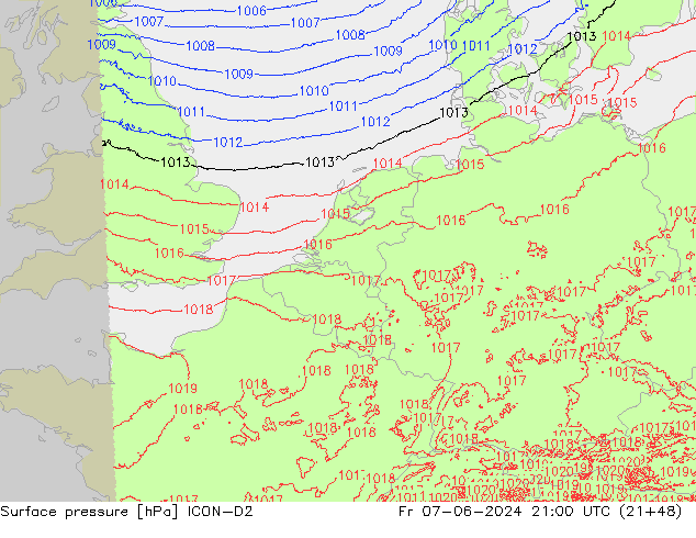 Luchtdruk (Grond) ICON-D2 vr 07.06.2024 21 UTC