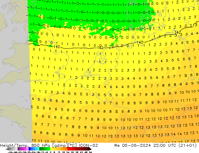 Height/Temp. 850 hPa ICON-D2 Mi 05.06.2024 22 UTC