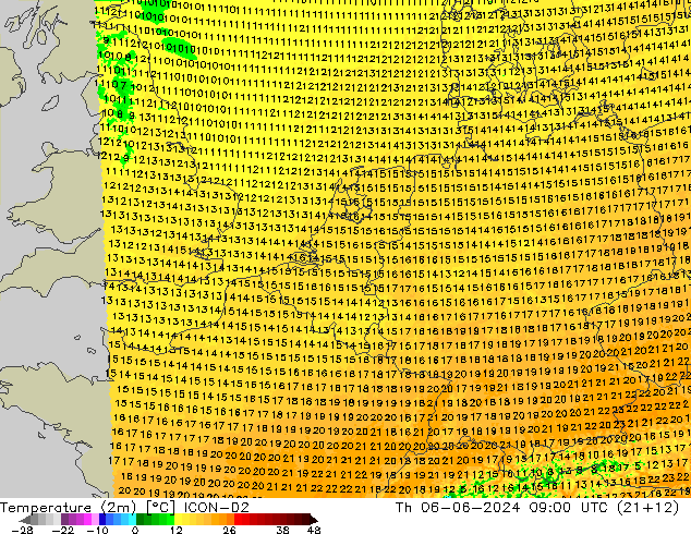 карта температуры ICON-D2 чт 06.06.2024 09 UTC