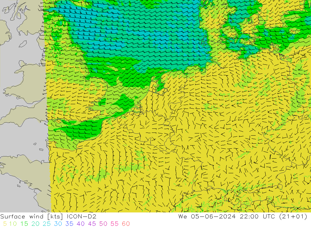 Viento 10 m ICON-D2 mié 05.06.2024 22 UTC