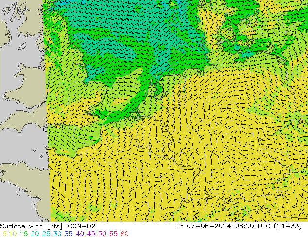 Surface wind ICON-D2 Pá 07.06.2024 06 UTC