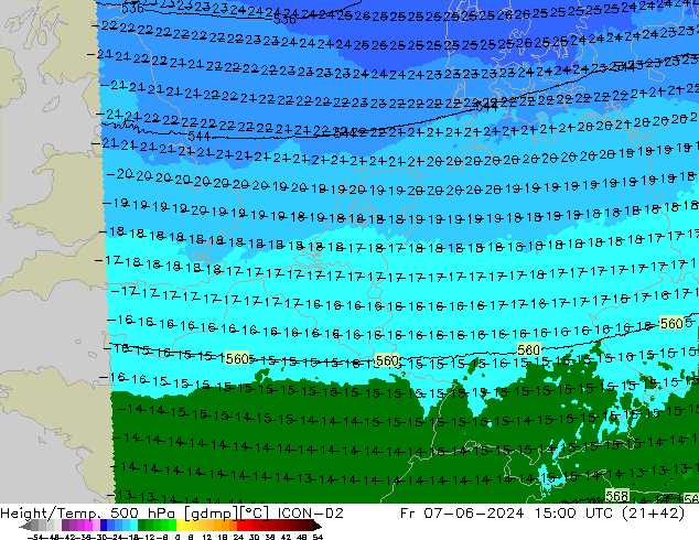 Hoogte/Temp. 500 hPa ICON-D2 vr 07.06.2024 15 UTC