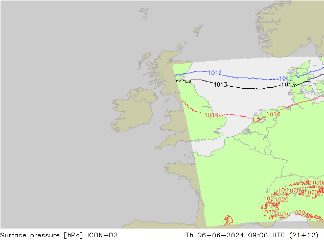 Surface pressure ICON-D2 Th 06.06.2024 09 UTC