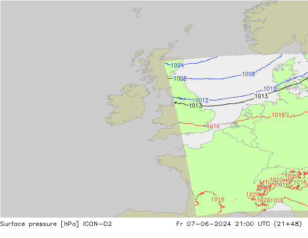 Surface pressure ICON-D2 Fr 07.06.2024 21 UTC