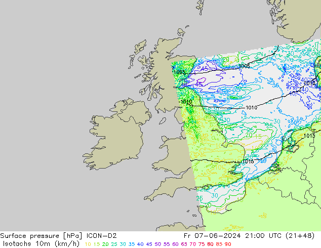 Izotacha (km/godz) ICON-D2 pt. 07.06.2024 21 UTC