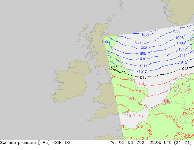 Pressione al suolo ICON-D2 mer 05.06.2024 22 UTC