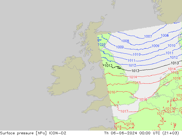 Surface pressure ICON-D2 Th 06.06.2024 00 UTC