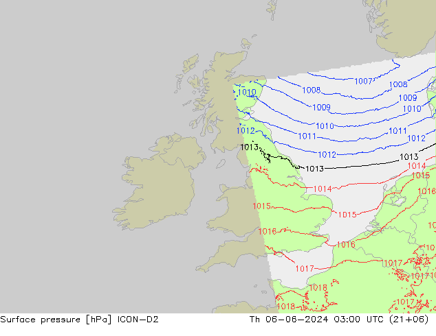 Surface pressure ICON-D2 Th 06.06.2024 03 UTC