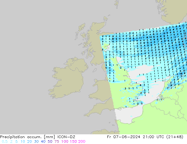 Precipitation accum. ICON-D2 Fr 07.06.2024 21 UTC