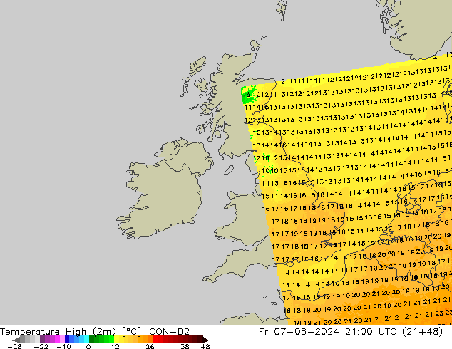 Max.temperatuur (2m) ICON-D2 vr 07.06.2024 21 UTC