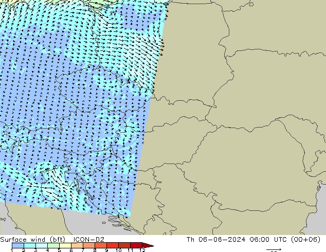Surface wind (bft) ICON-D2 Čt 06.06.2024 06 UTC