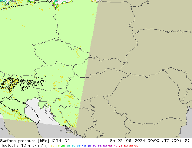 Isotaca (kph) ICON-D2 sáb 08.06.2024 00 UTC