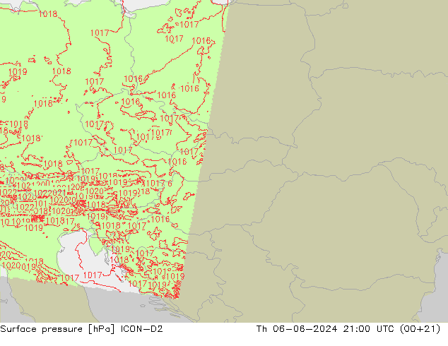 Surface pressure ICON-D2 Th 06.06.2024 21 UTC