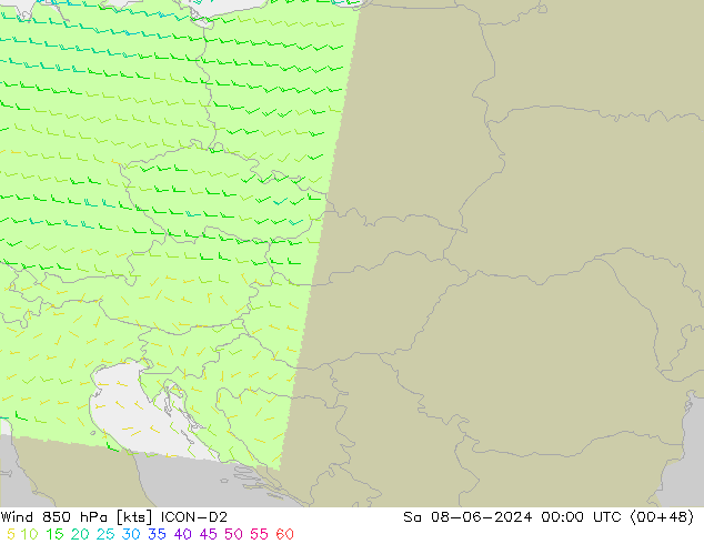 ветер 850 гПа ICON-D2 сб 08.06.2024 00 UTC