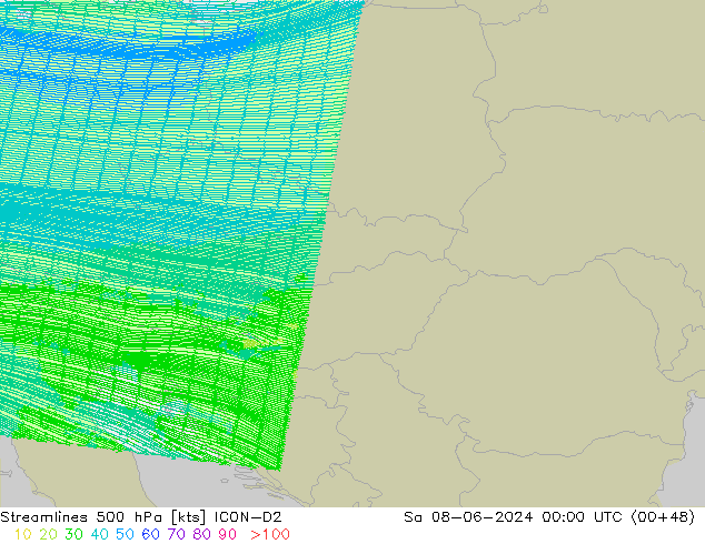 Streamlines 500 hPa ICON-D2 Sa 08.06.2024 00 UTC