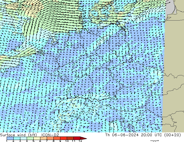 Bodenwind (bft) ICON-D2 Do 06.06.2024 20 UTC