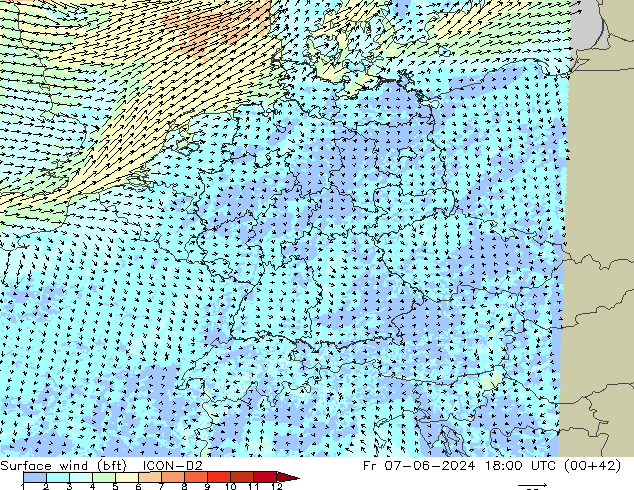 Surface wind (bft) ICON-D2 Pá 07.06.2024 18 UTC