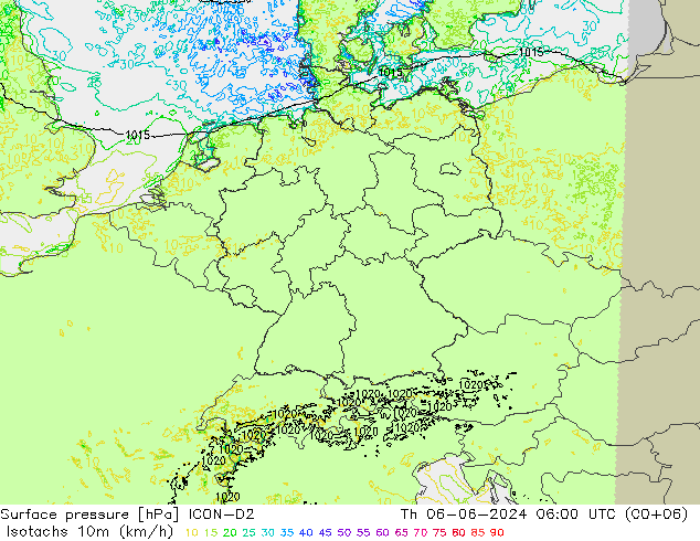 Isotachs (kph) ICON-D2  06.06.2024 06 UTC