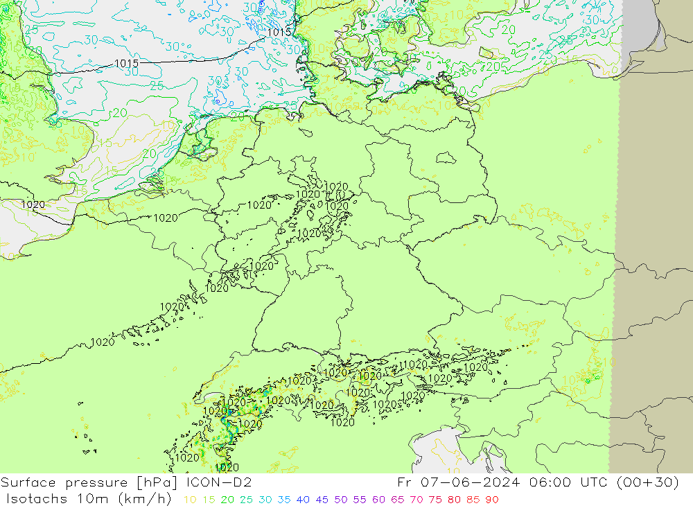 Isotachs (kph) ICON-D2  07.06.2024 06 UTC