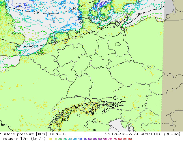 Isotachs (kph) ICON-D2 Sa 08.06.2024 00 UTC