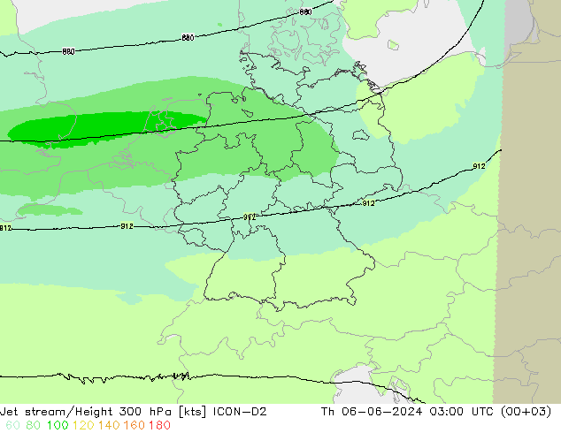 Corriente en chorro ICON-D2 jue 06.06.2024 03 UTC