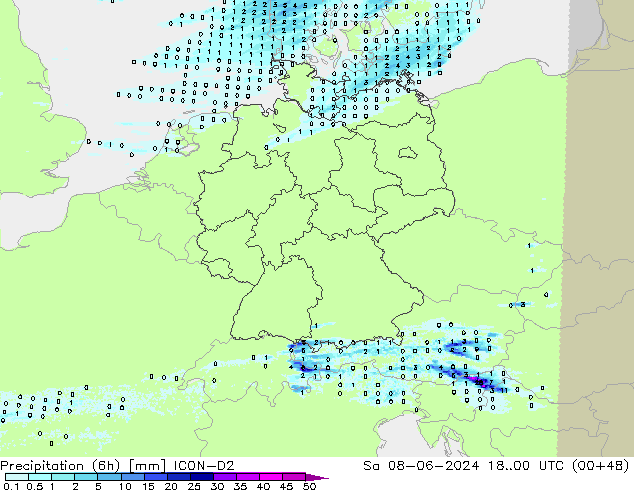 Précipitation (6h) ICON-D2 sam 08.06.2024 00 UTC