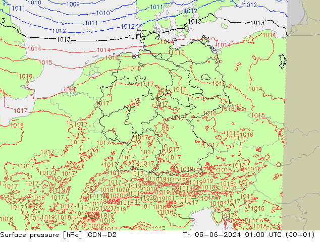 Surface pressure ICON-D2 Th 06.06.2024 01 UTC