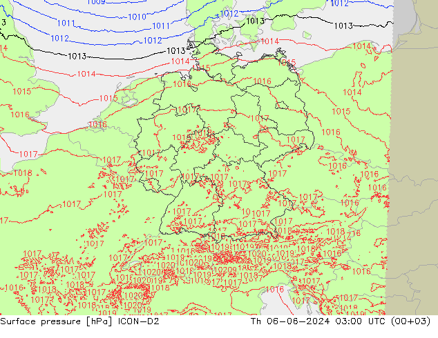 Pressione al suolo ICON-D2 gio 06.06.2024 03 UTC