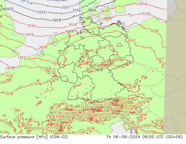 Surface pressure ICON-D2 Th 06.06.2024 06 UTC