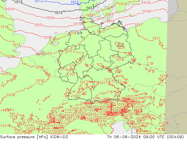 Surface pressure ICON-D2 Th 06.06.2024 09 UTC