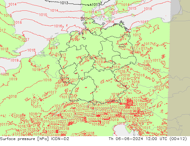 Pressione al suolo ICON-D2 gio 06.06.2024 12 UTC