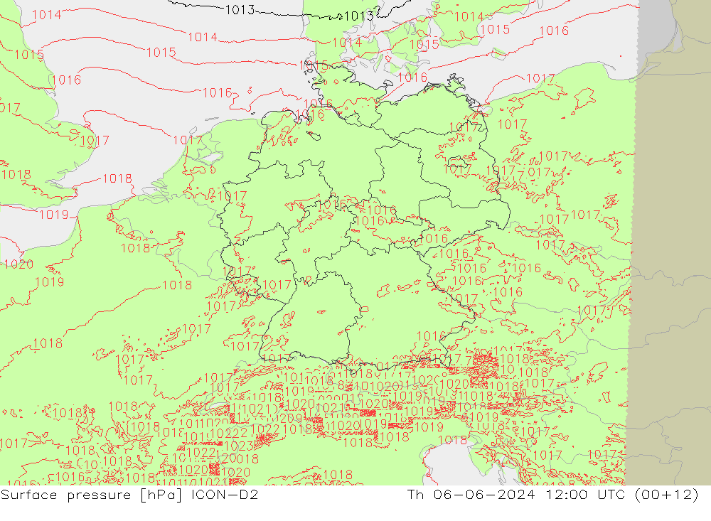 Surface pressure ICON-D2 Th 06.06.2024 12 UTC