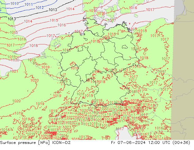 Pressione al suolo ICON-D2 ven 07.06.2024 12 UTC