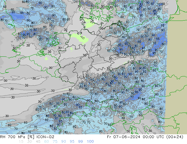 Humidité rel. 700 hPa ICON-D2 ven 07.06.2024 00 UTC