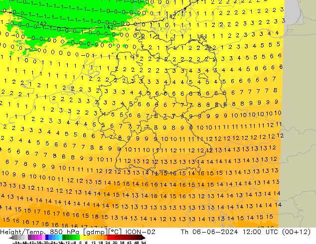 Height/Temp. 850 hPa ICON-D2 Do 06.06.2024 12 UTC