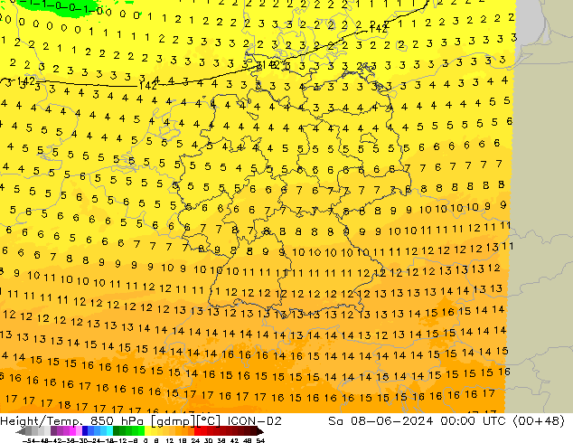 Height/Temp. 850 hPa ICON-D2  08.06.2024 00 UTC